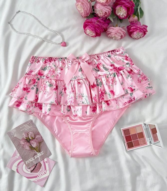 Womens plus size floral satin knickers skirt ruffles panties soft silky feel
