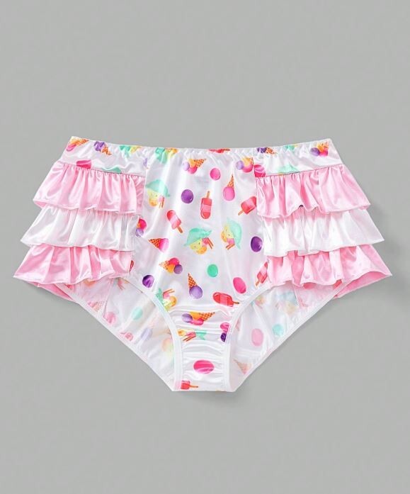 Womens stunning summer vibe satin knickers ice cream print and ruffle trim sissy