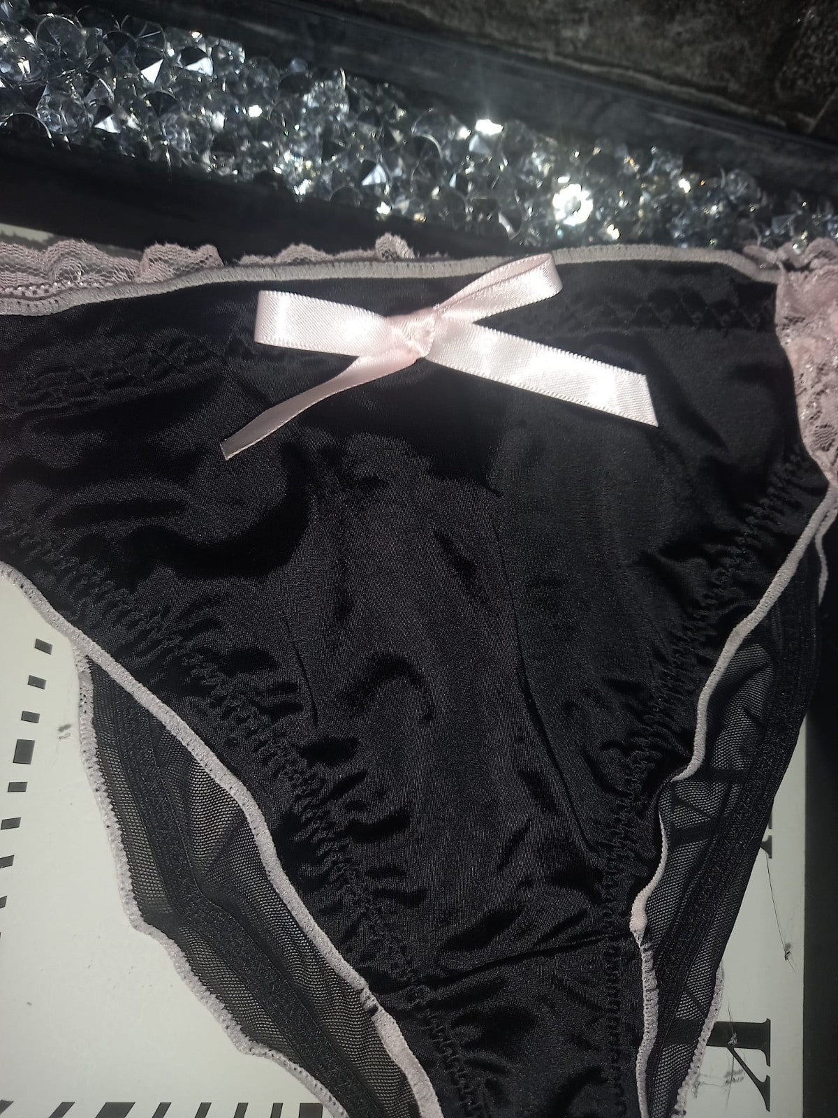 Women's French satin front knickers panties mesh back tanga sissy size 8/10 S/M