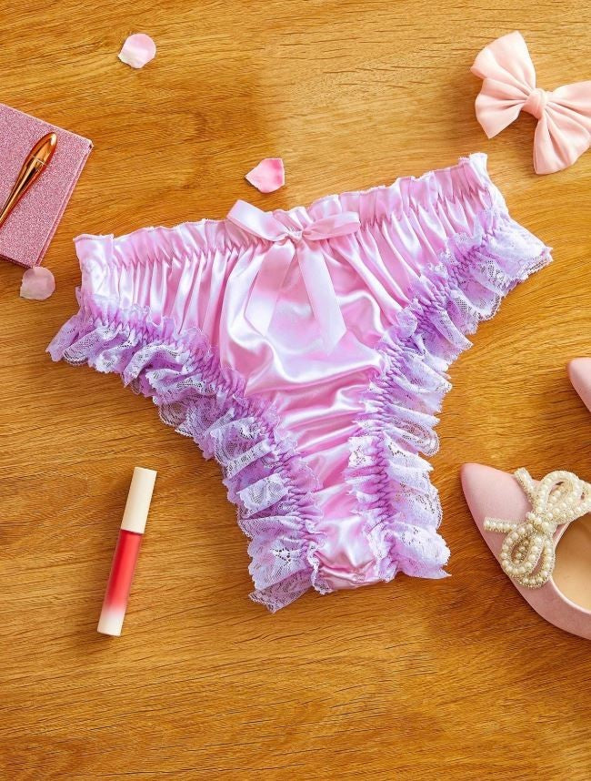 Women's silky feel pink satin panties ruched bum knickers lace trim size 8 (S)