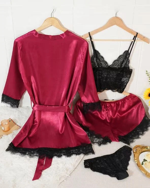 Silky feel deep red satin black lace trim 4 piece lingerie set size 12/14 (L)