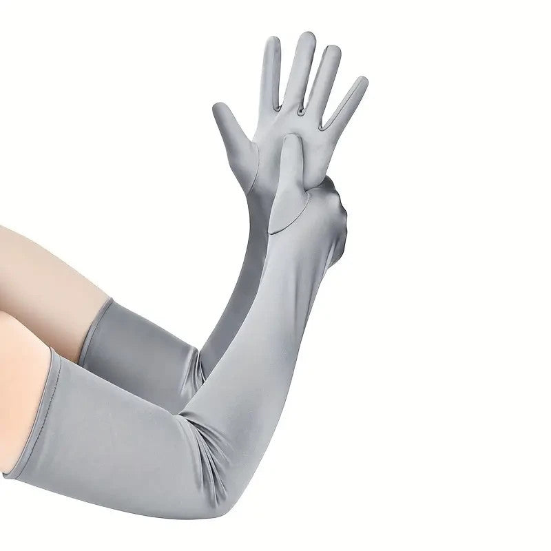 Silky feel satin gloves cosplay opera long SILVER / GREY stretchy 53cm unisex