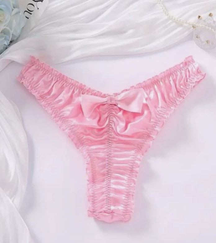 Women Pink Satin Thong Knickers silky feel with Ruched Detail & Bow size M 10