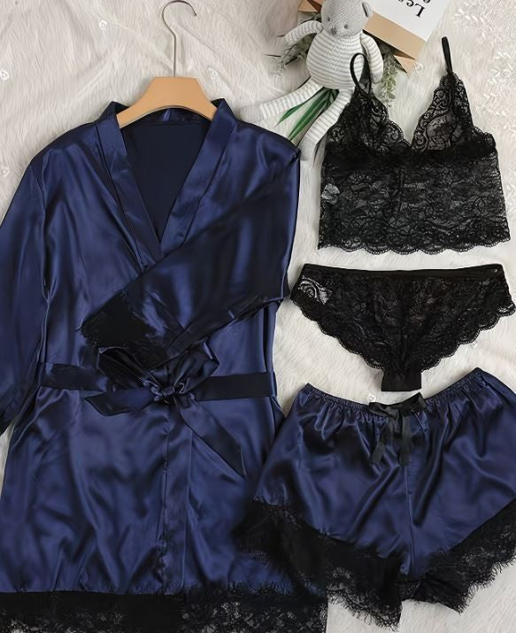 Silky feel navy blue satin black lace trim 4 piece lingerie set size 24-26 (3XL)
