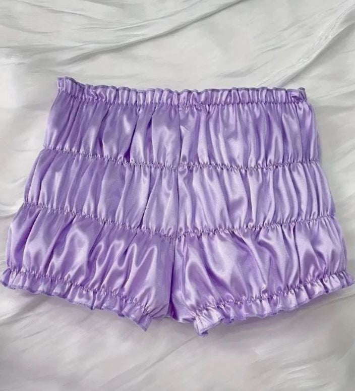 Ruched lilac satin knickers silky feel soft lettuce trim bow sissy size 8 S
