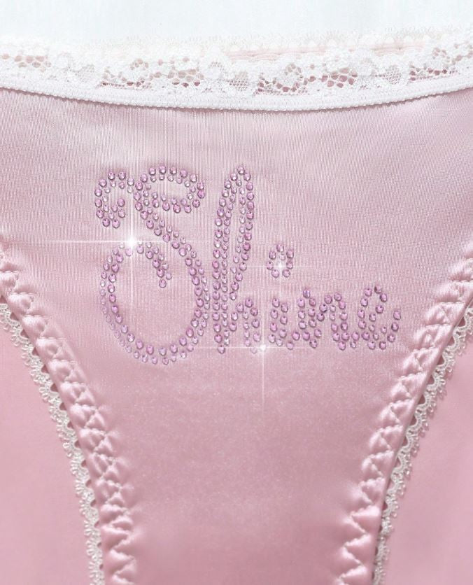 Women's pink soft silky feel satin tanga panties SHINE print sissy size 10 (M)