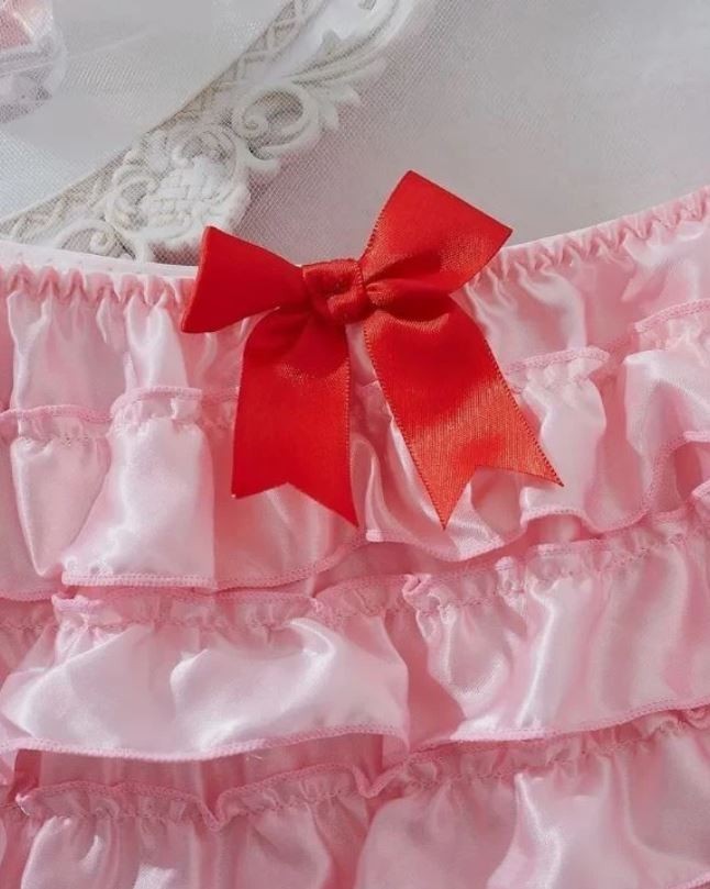 Women pink silky feel satin knickers ruffles red bow sissy CD TV size 12-14  L