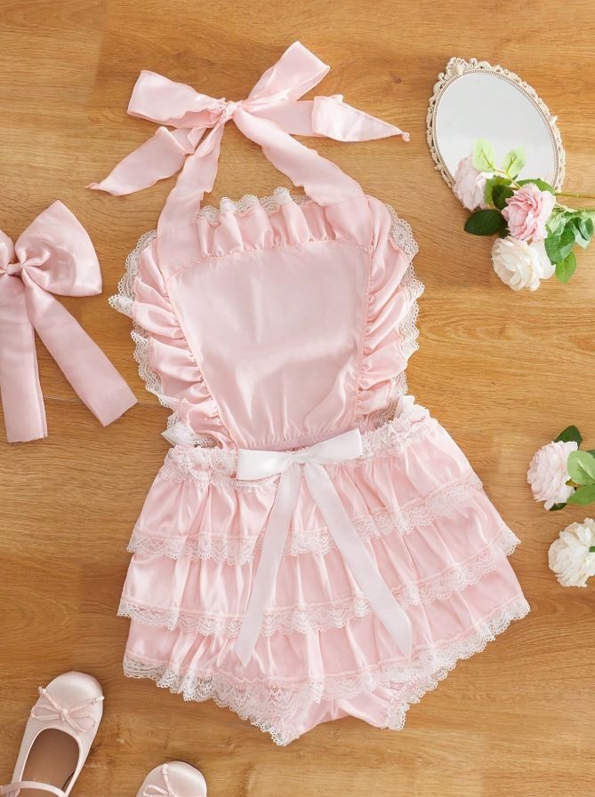 Silky feel satin pink lingerie romper style ruffles open back stretchy UK 10 / M