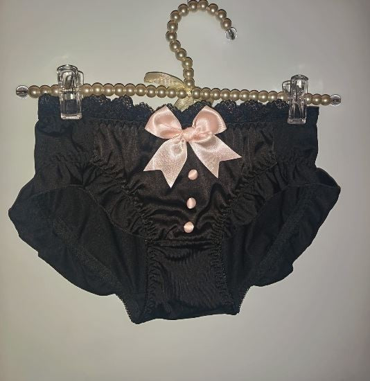 Black Satin Frilly Knickers Lace Trim Bow Detail buttons detail size L 10-12