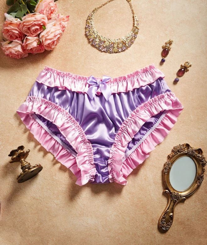 Silky feel lilac satin panties ruched bum knickers pink trim size UK 18-20 / XXL