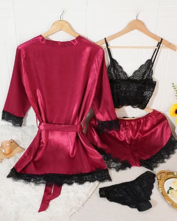 Silky feel deep red satin black lace trim 4 piece lingerie set size 8 / S