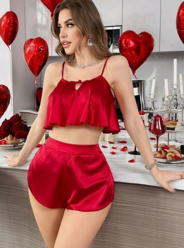 Red lingerie 2 piece set silky feel glossy satin romantic sissy pj sizes S / 8