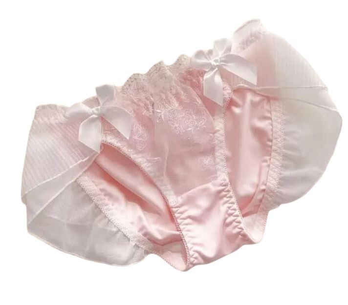 HOT! Japanese soft silky feel mesh trim panties embroidered bow tanga #sissy