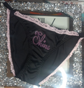 Women's black soft silky feel satin tanga panties SHINE print sissy size 8 (S)