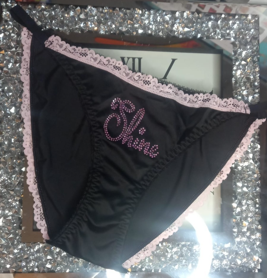 Women's black soft silky feel satin tanga panties SHINE print sissy size 8 (S)
