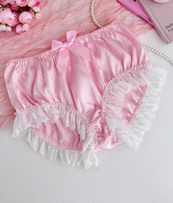 Women's pink satin knickers silky feel zip detail ruffles lace panties sissy
