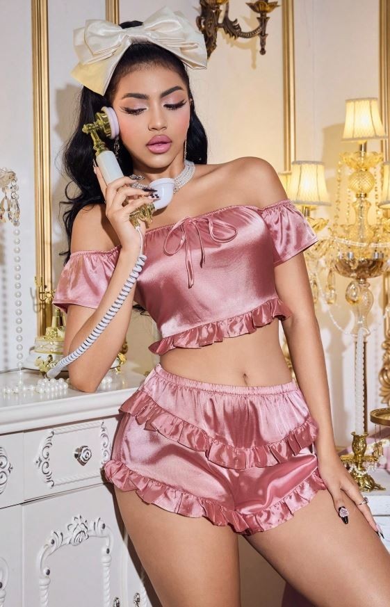 Women’s Satin Pyjama Set 2-Piece Off-Shoulder Crop Top & Ruffle Shorts L / 12-14