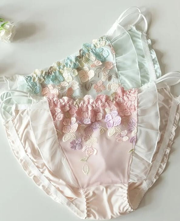 HOT! Japanese style soft silky feel satin lace tanga panties embroidered sissy
