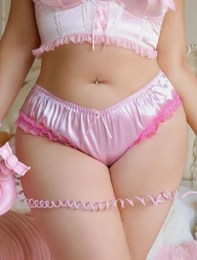 Pink Satin Lace Frilly Knickers Bow Ruffle Panties Feminine size XXL UK 18-20