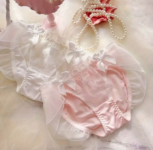 HOT! Japanese soft silky feel mesh trim panties embroidered bow tanga #sissy