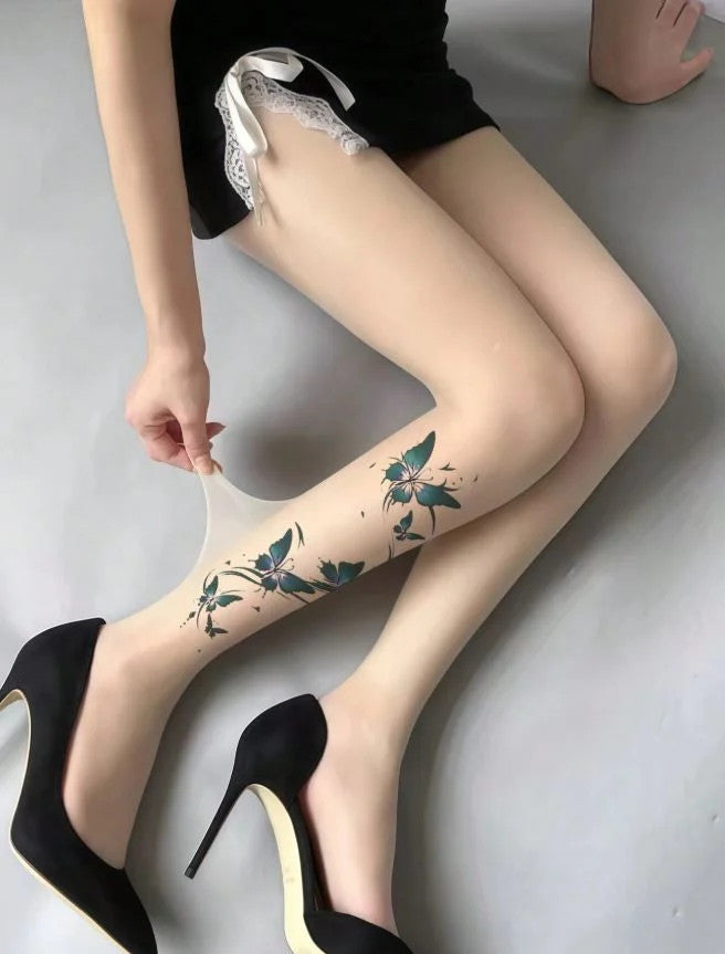Apricot Butterfly Tights Fake Tattoo Butterfly skin Transparent thin vintage