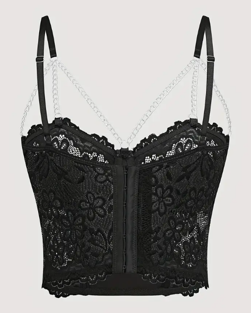 Sexy Lace & Faux Leather Bralette Chain Detail corset in black sissy CD TV