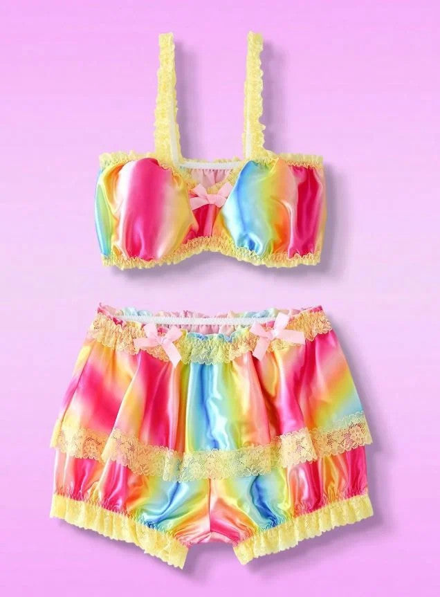 Satin Lingerie Set Lace Trim 2 Piece Ruffle Bloomers Bralette, size L / UK 12-14