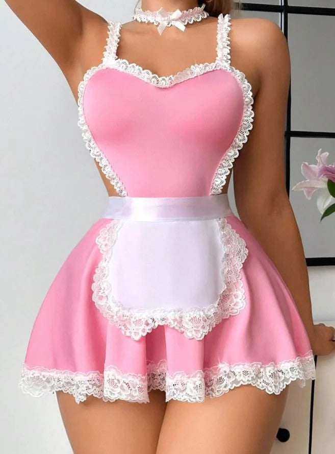 Silky feel soft pink fantasy maid lingerie nightdress 3 piece size 16-18 / XL