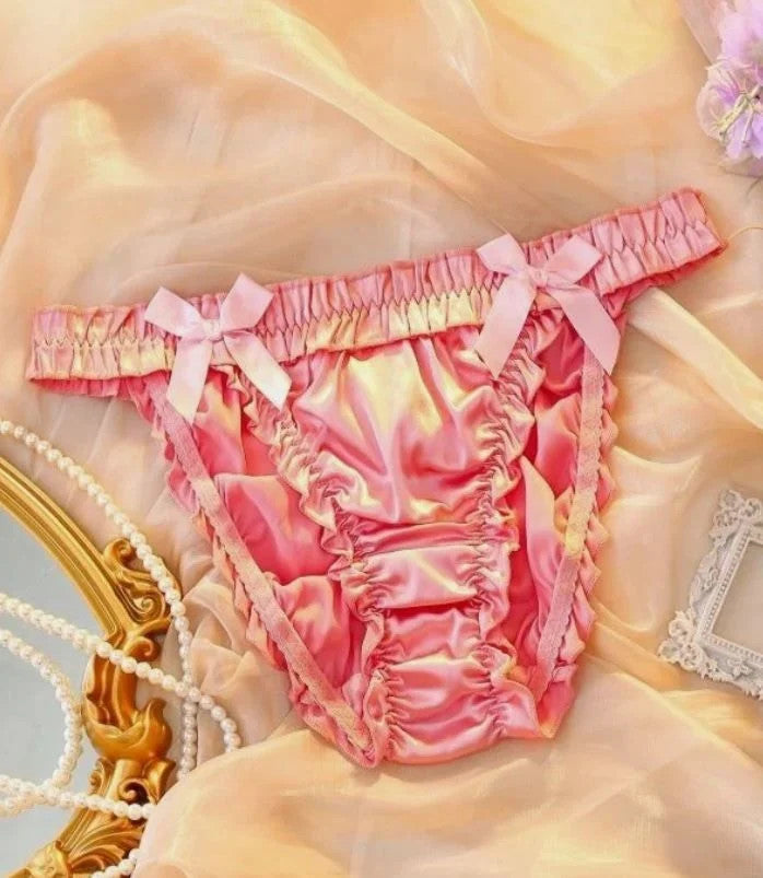 Pink Satin Ruffle Bikini Panties Bows glossy Soft Shiny Underwear UK 16-18 XL