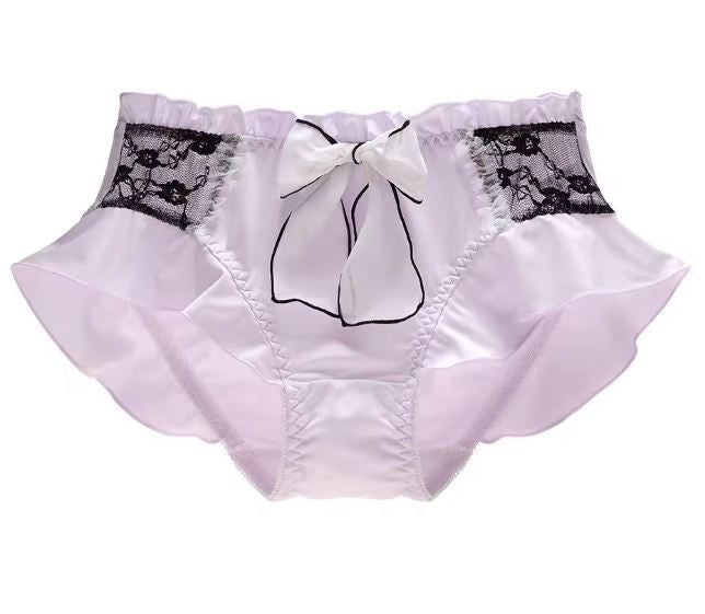 Luxury soft silky feel satin knickers panties black lace bow ruffles UK 12 / L