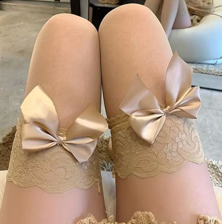Sheer Thigh High Stockings Lace Top nude Bow Cute Coquette Hosiery one size