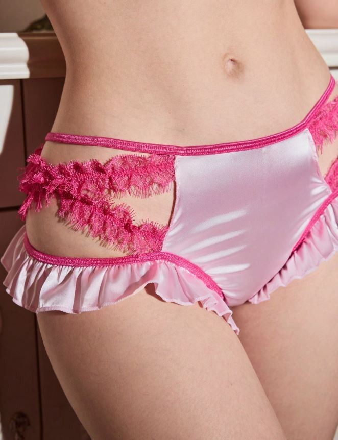 Women's silky feel pink satin knickers panties lace accent sissy size 10 (M)
