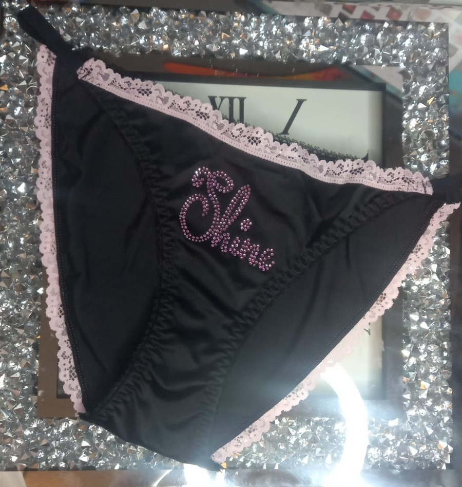 Women black soft silky feel satin tanga panties SHINE print sissy size 16/18(XL)
