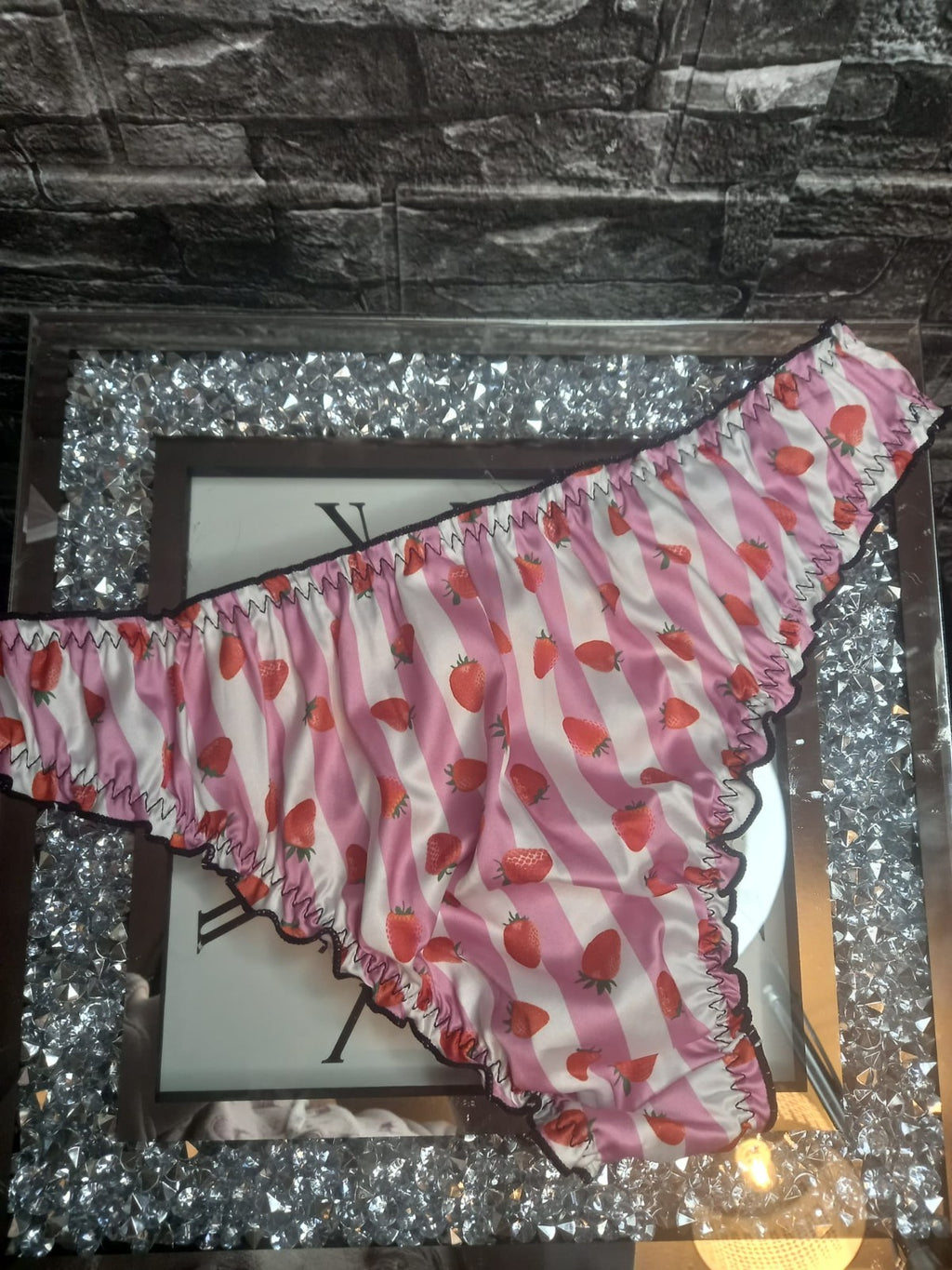 Women strawberry print pink silky feel satin knickers panties sissy size 10 (M)