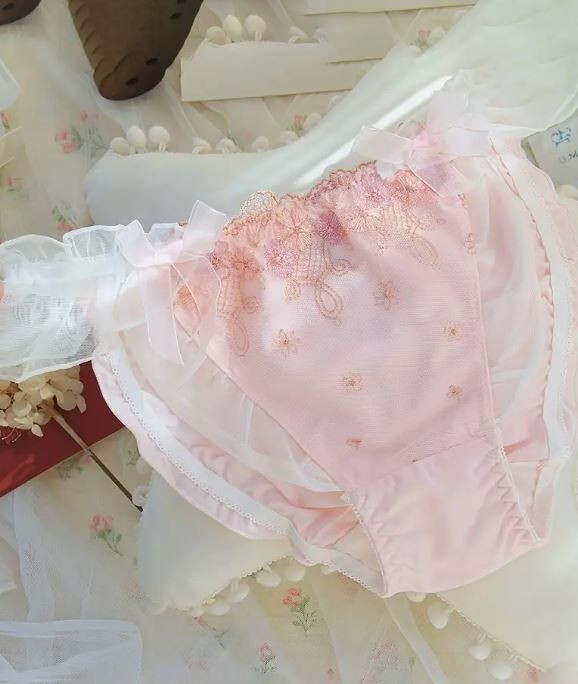 HOT! Japanese soft silky feel satin mesh trim panties embroidered tanga #sissy