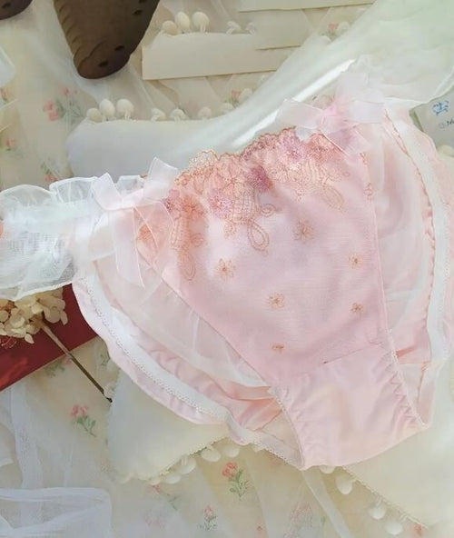 HOT! Japanese soft silky feel satin mesh trim panties embroidered tanga #sissy