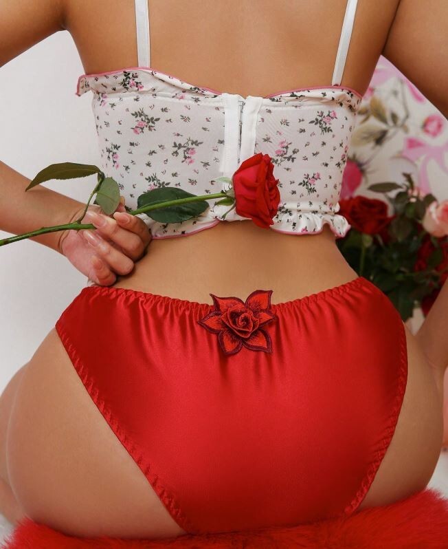 Woman's red panties floral 3D rose detail soft silky feel satin sissy CD TV