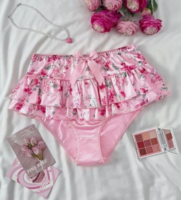 Pink Floral Frilly Knickers Skirted Panties Bow Ruffle PLUS size 4XL UK 22-24