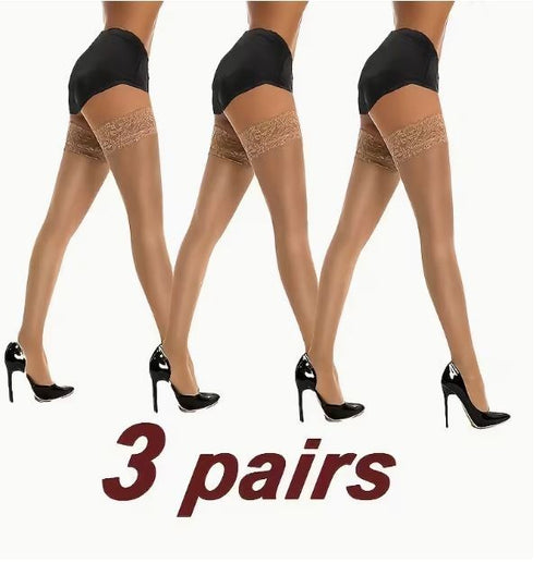3x Elegant apricot stockings tan lace trim sheer thigh high stretchy one size