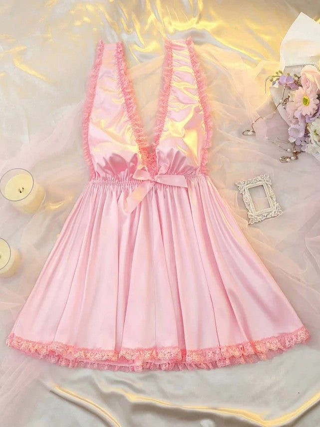 Silky feel luxury satin pink lingerie nightie lace trim sissy size XL / 16-18