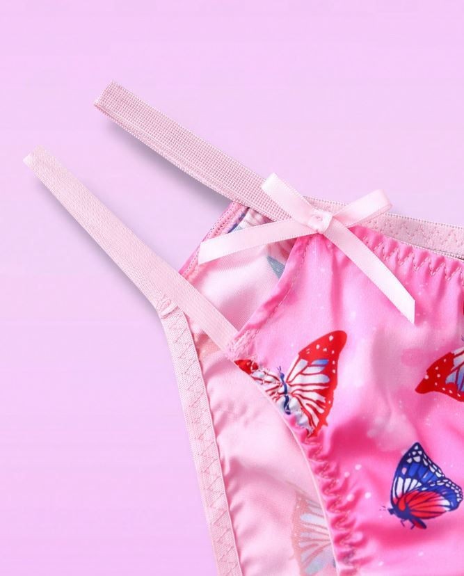 Pink soft silky feel satin panties tangas butterflies print sissy size 12-14 (L)