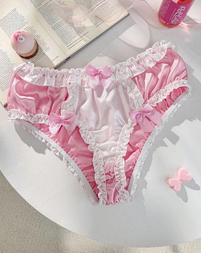 Satin Frilly Ruffle Briefs Pink Bow Detail Sissy Knickers polka dot trims size 12-14 L