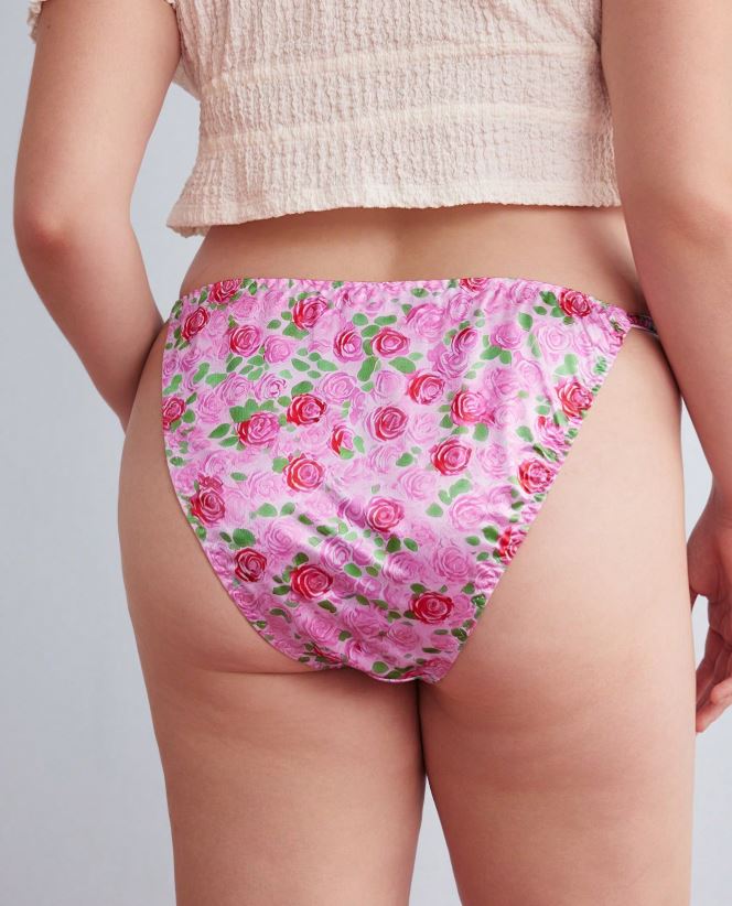 Pink Rose Floral Silky Satin Knickers High Leg Briefs Panties size XL 16-18