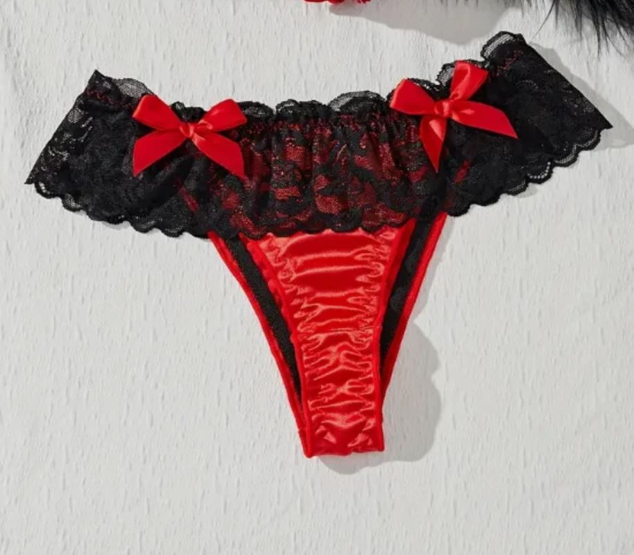 ❤️ Red Satin Open back Panties Lace Frilly Bow silky Knickers  ❤️ size S 8