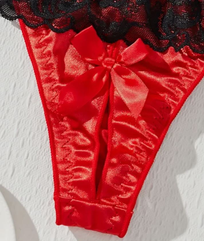 ❤️ Red Satin Open back Panties Lace Frilly Bow silky Knickers  ❤️ size XL 16-18