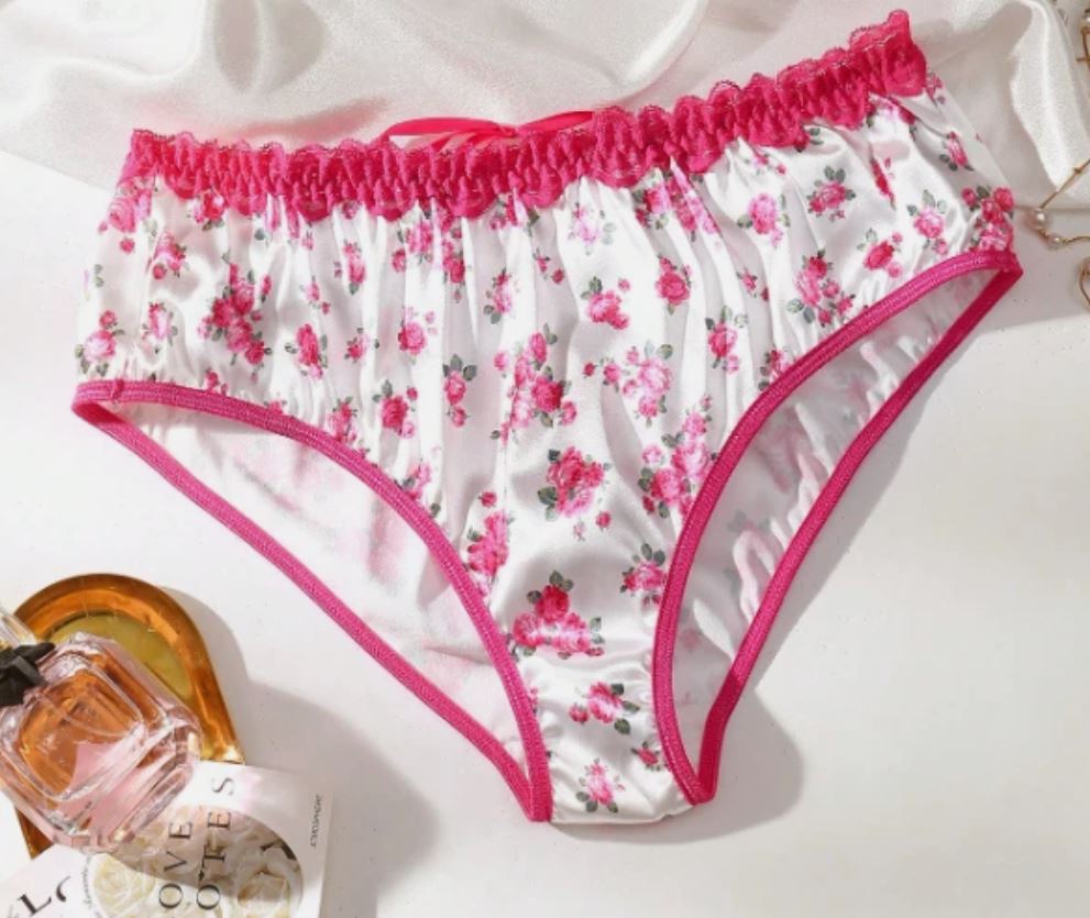 🌸 Women’s Floral Satin Lace-Up Back Panties Pink silky knickers size 12-14 L