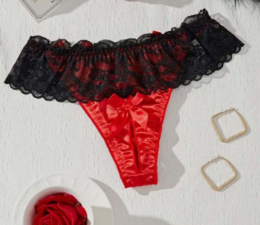 ❤️ Red Satin Open back Panties Lace Frilly Bow silky Knickers  ❤️ size XL 16-18