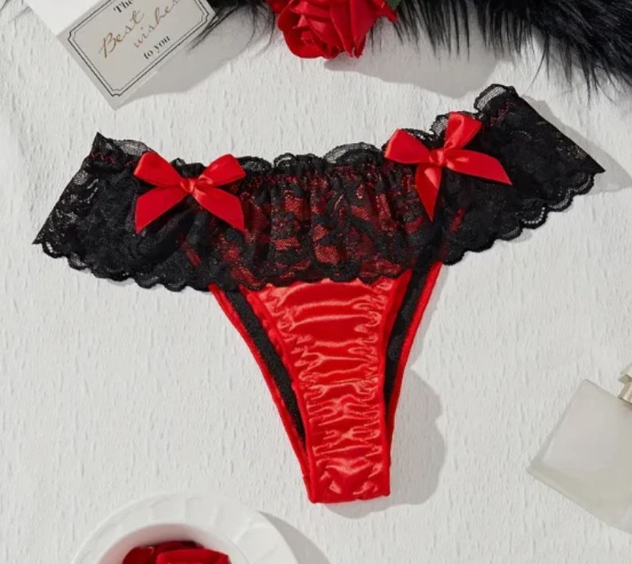 ❤️ Red Satin Open back Panties Lace Frilly Bow silky Knickers  ❤️ size XL 16-18
