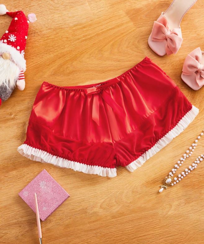 Red Satin French Knickers Frilly Ruffle Bow Christmas Lingerie Panties size L 12-14