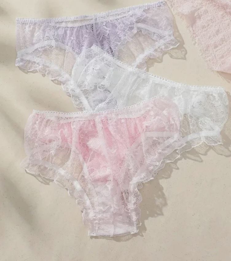 3 Pack Women's Satin Lace Knickers Size S UK 8 Pink White Lilac Bow Briefs